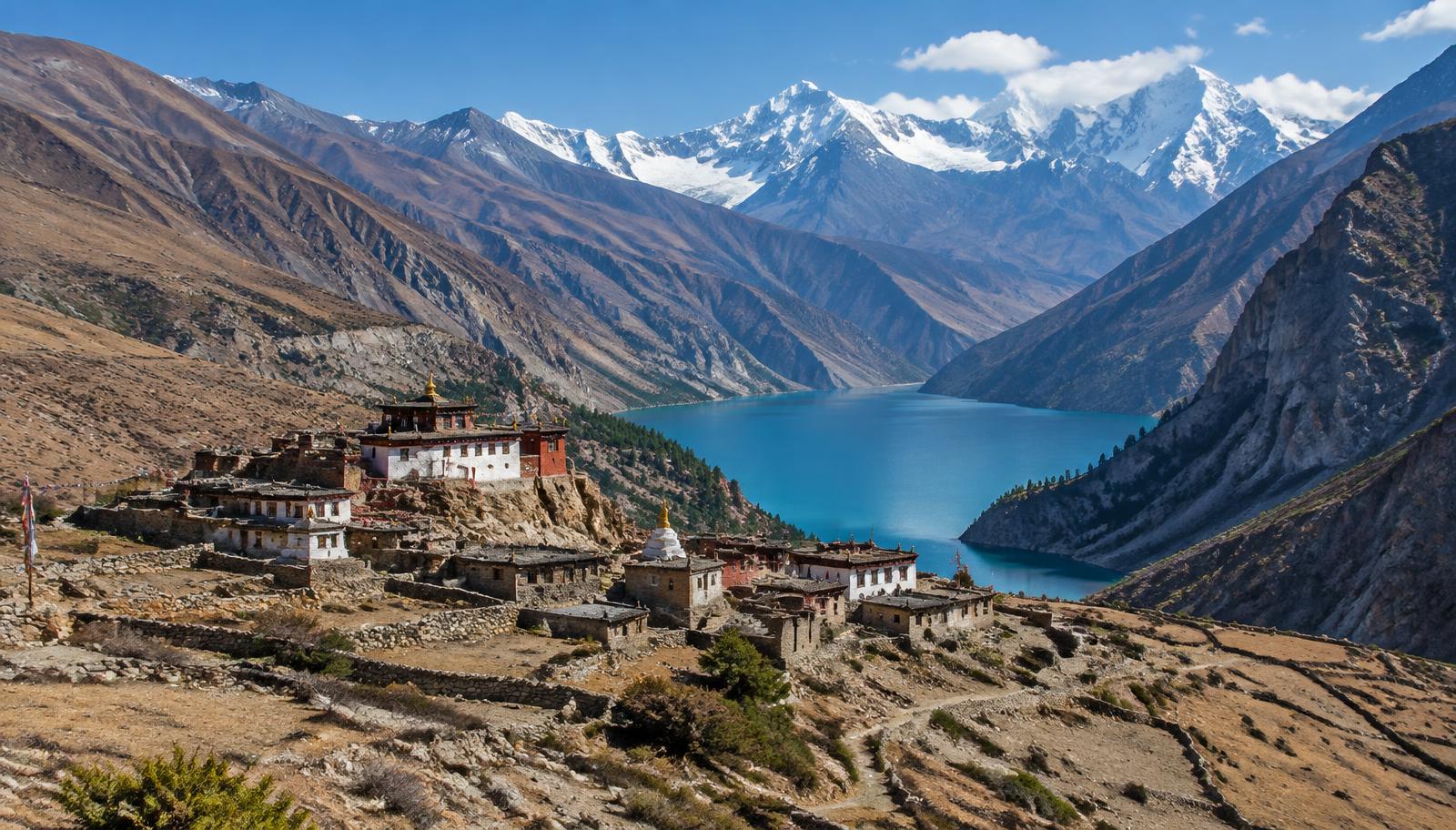 Abgelegenes Klosterdorf an einem tiefblauen Bergsee in Dolpo