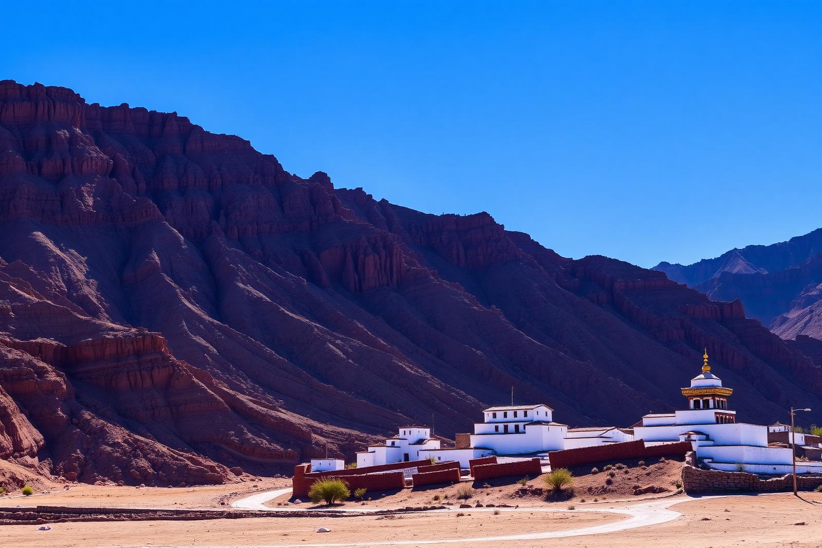 Erodierte Felslandschaft und Kloster in Mustang, Nepal
