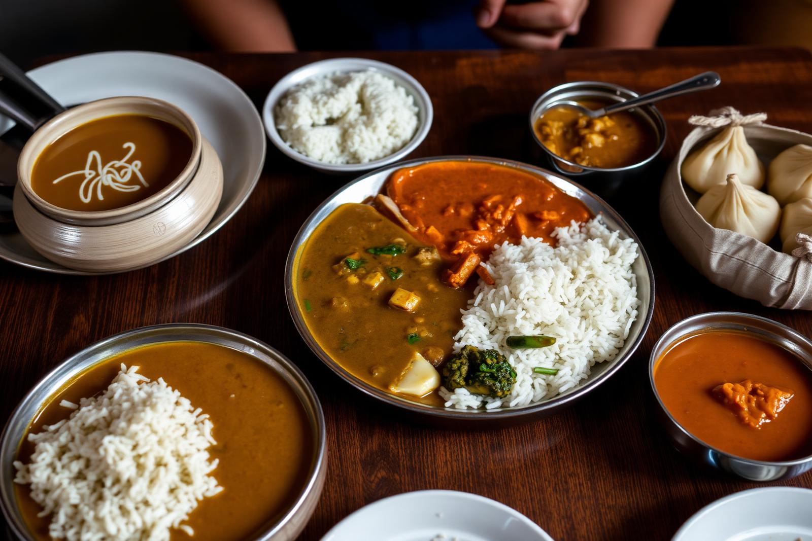 Dal Bhat mit Reis, Linsensuppe, Currys und Momos auf einem Holztisch