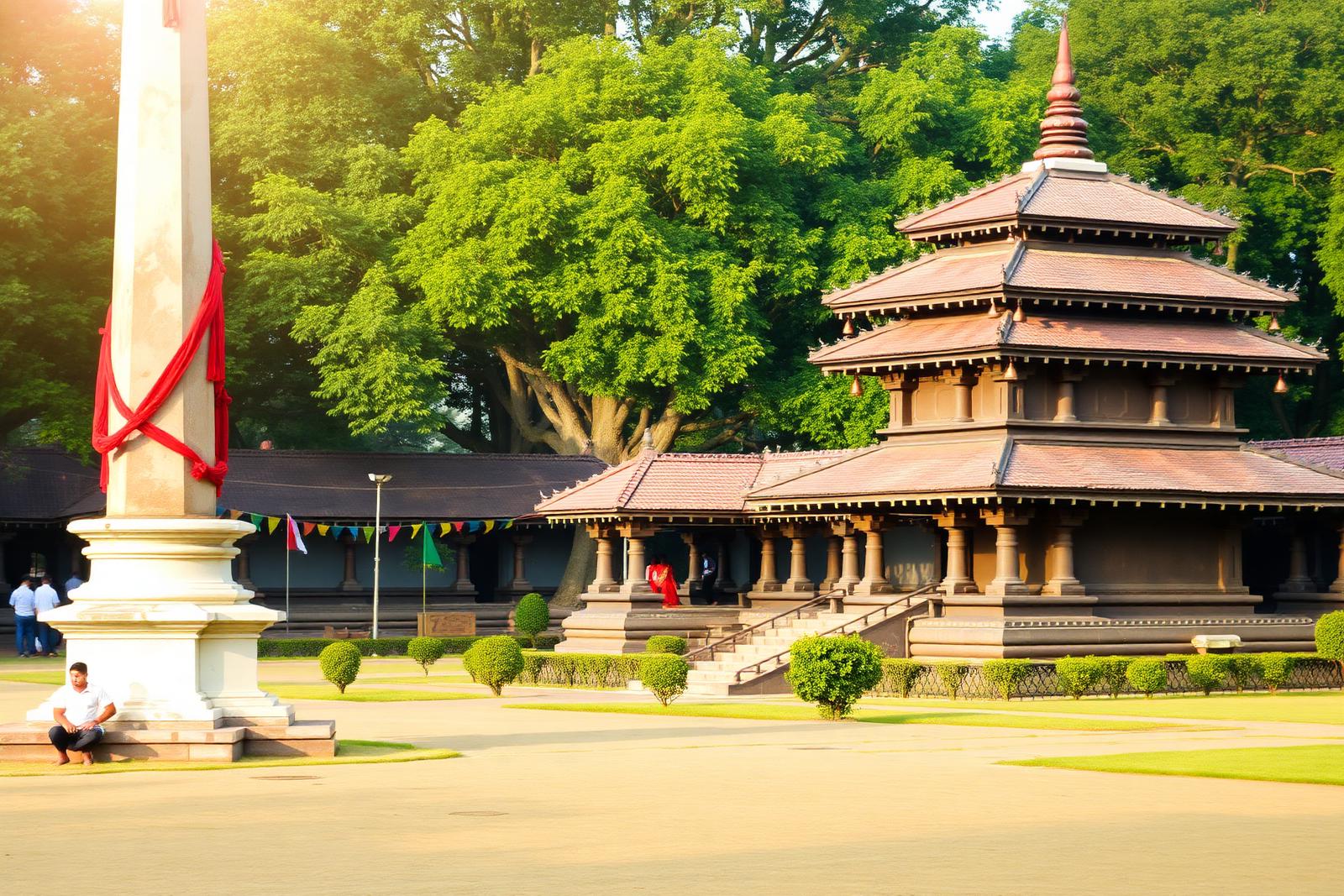 Maya-Devi-Tempel und Ashoka-Säule in der Gartenanlage von Lumbini