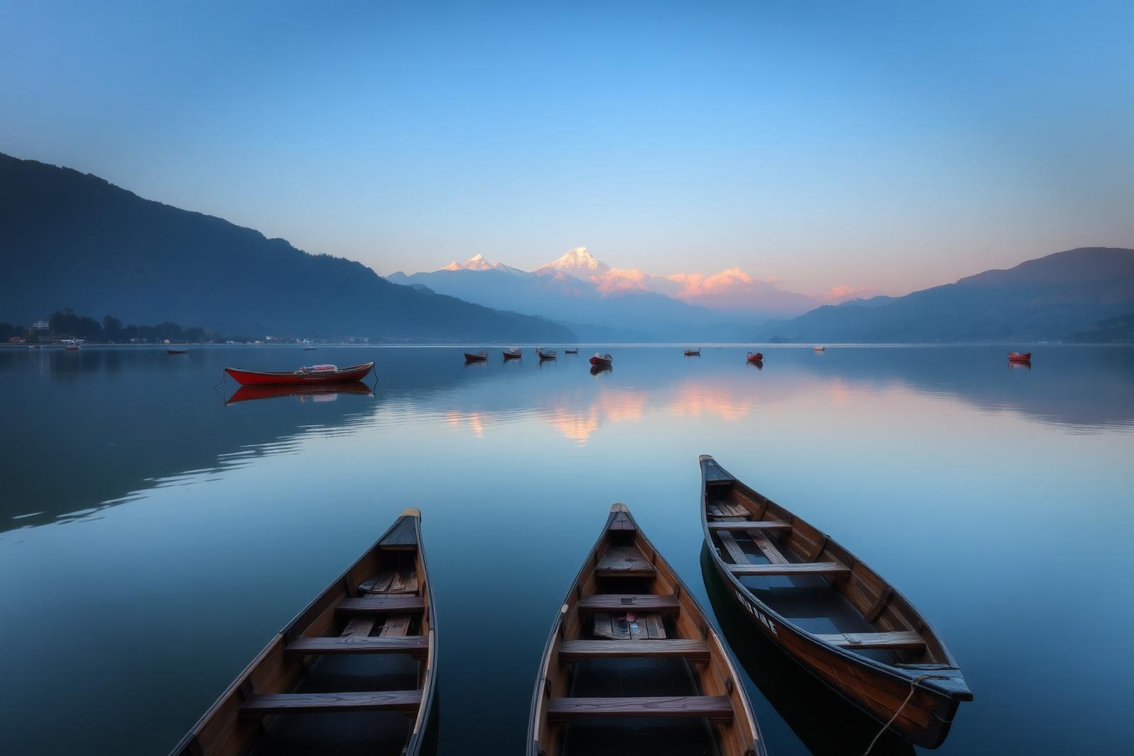 Holzboote auf dem Phewa-See in Pokhara mit Blick auf die Annapurna-Kette