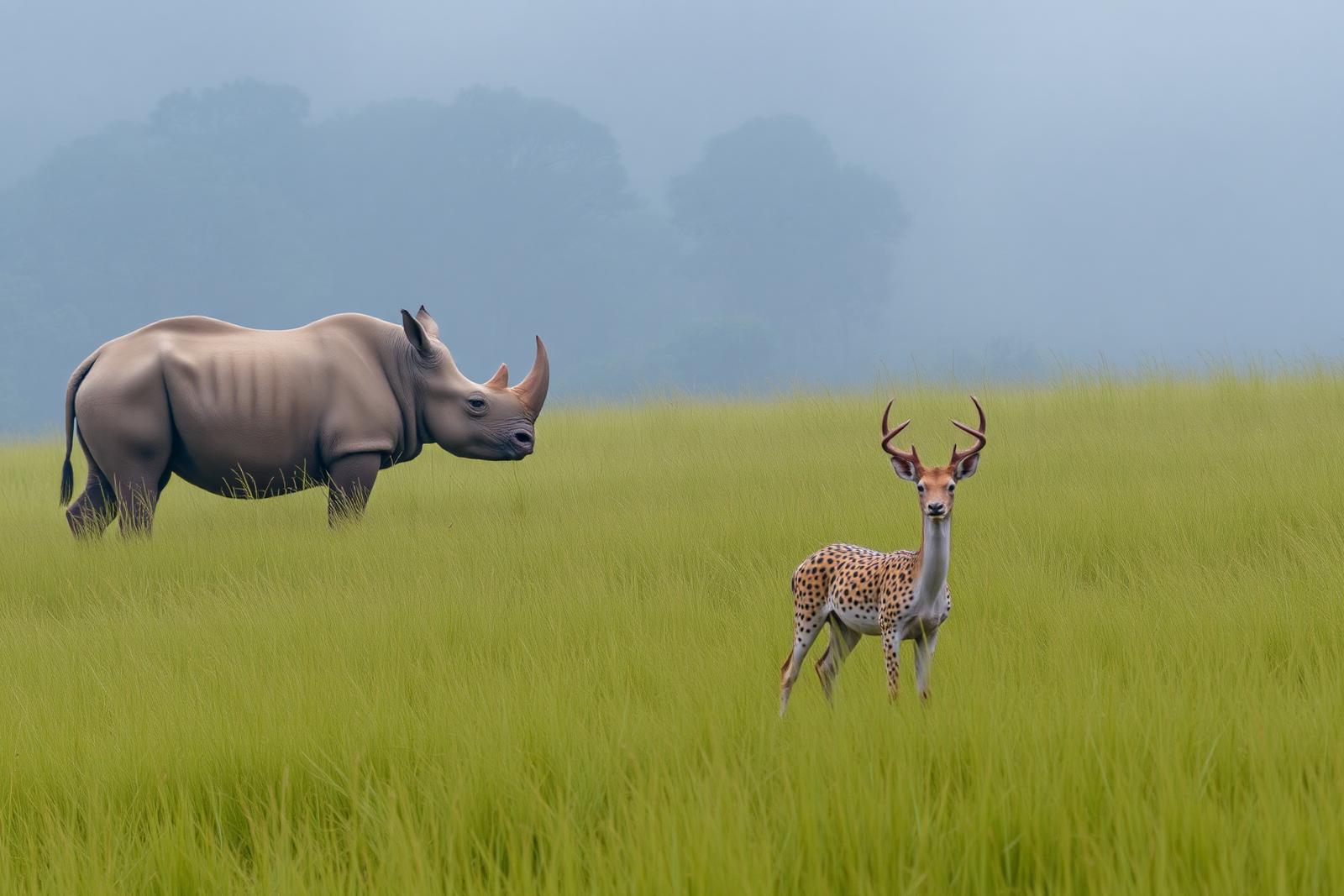 Panzernashorn und Axishirsch im hohen Gras eines Nationalparks in Nepal