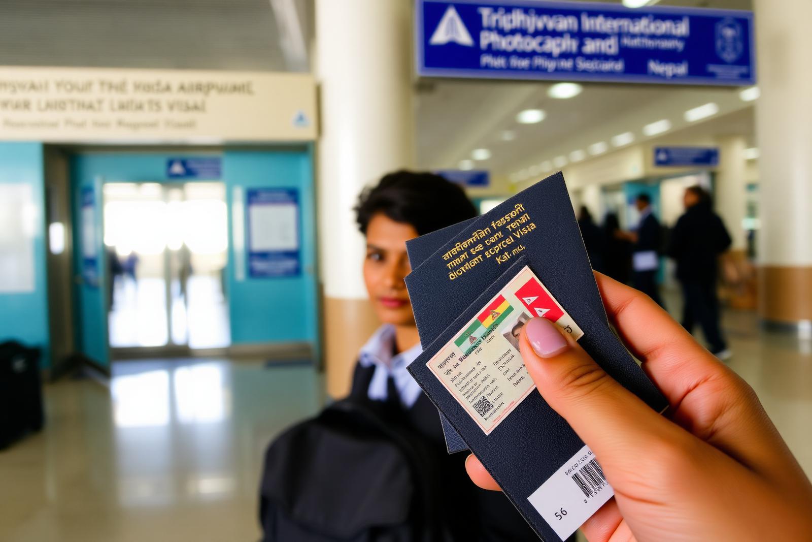 Reisepass mit Nepal-Visum in der Ankunftshalle des Flughafens Kathmandu
