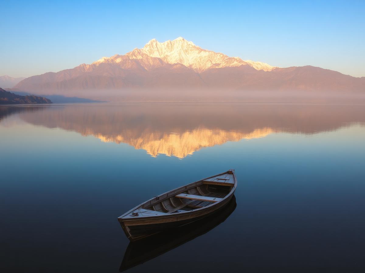 Annapurna-Massiv spiegelt sich bei Sonnenaufgang im Phewa-See