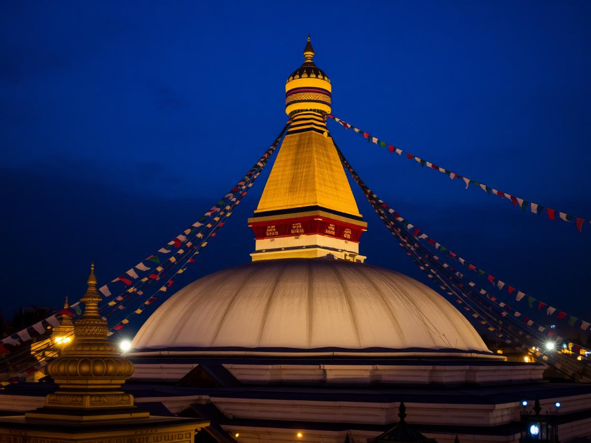 Boudhanath-Stupa in Kathmandu mit Gebetsfahnen zur blauen Stunde